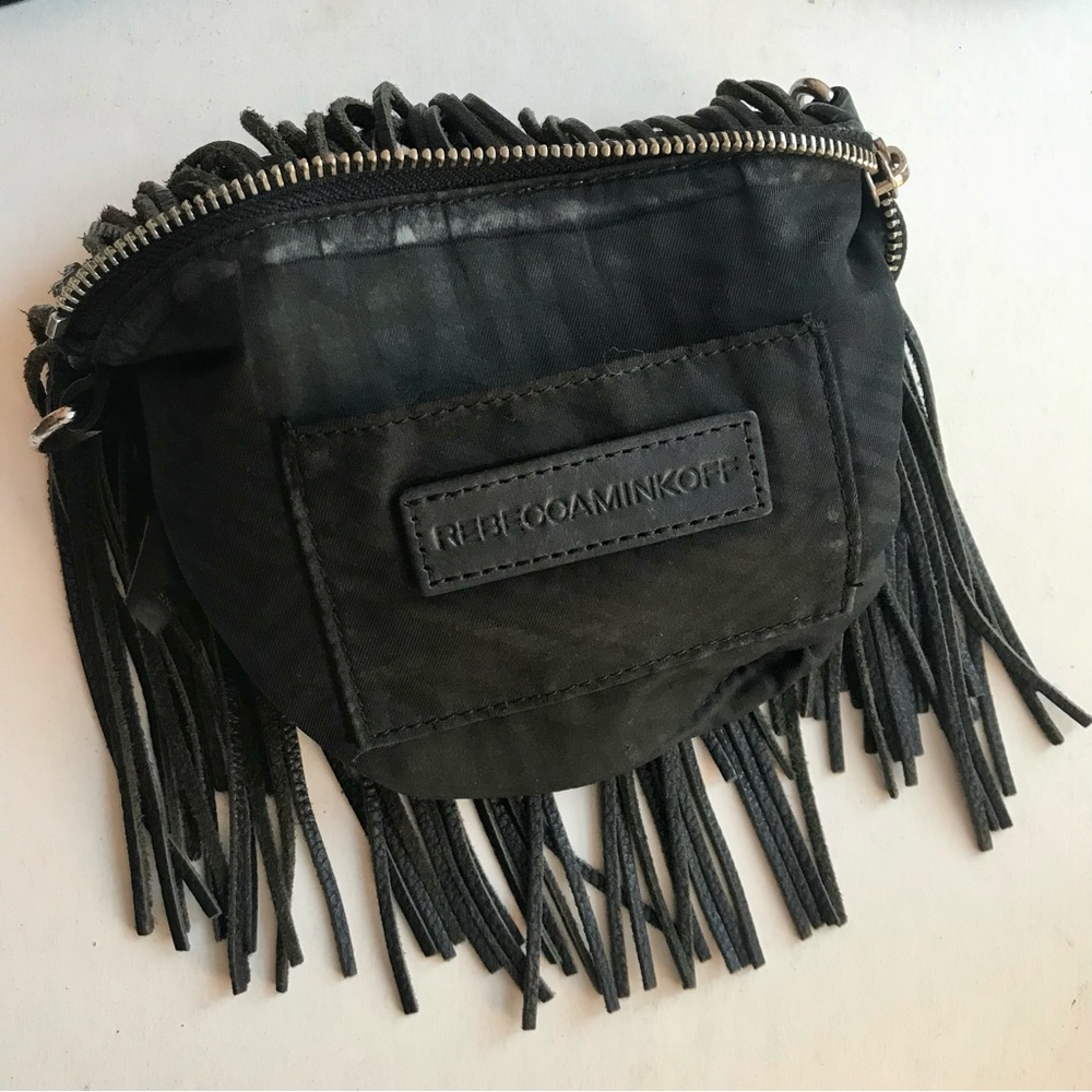 Rebecca Minkoff Purse Finn Black Leather Suede Fringe Clutch Crossbody Bag - Picture 8 of 10